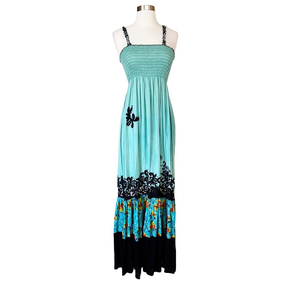 Resort Dress by T. ZOVICH Maxi Dress Mixed Media Green Floral V-Neck Spaguetti L